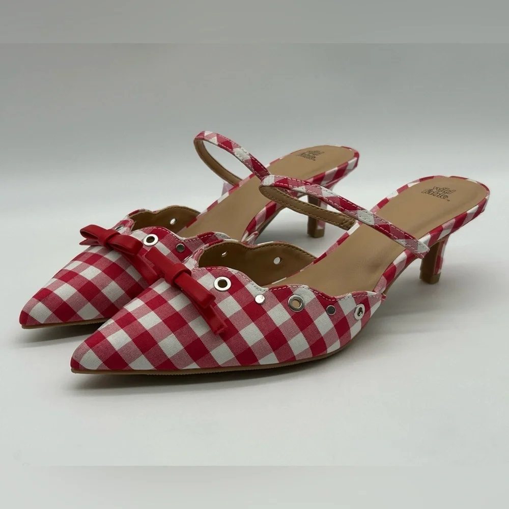 Wild Fable Red Gingham Pointed Toe Mules Size 11 Bow Kitten Heel New With Tags - Picture 5 of 10